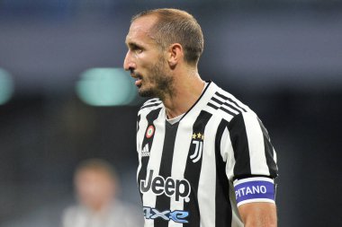 Juventus 'lu Giorgio Chiellini, Napoli ile Juventus arasındaki İtalyan SerieA ligi maçında Diego Armando Maradona Stadyumu' nda oynanan maçın son maçı 2-1 'dir. Napoli, İtalya, 11 Eylül 2021.