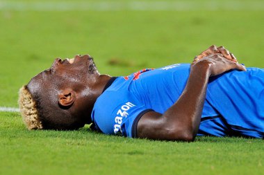 Napoli 'den Victor Osimhen, Napoli ile Juventus arasındaki İtalya SerieA Ligi maçında Diego Armando Maradona Stadyumu' nda oynanan maçın son maçı 2-1 'dir. Napoli, İtalya, 11 Eylül 2021.