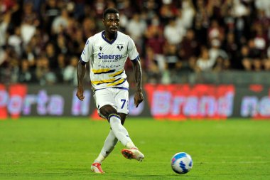 Hellas Verona 'dan Martin Hongla oyuncusu, Salernitana ile Verona arasındaki İtalyan Serie A ligi maçında, final maçı 2-2, Salerno' daki Arechi Stadyumu 'nda oynandı. Salerno, İtalya, 22 Eylül 2021. 