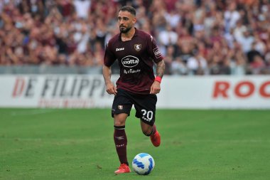 Salernitana 'nın Grigoris Kastanos oyuncusu, Salernitana ile Cenova arasında oynanan İtalya SerieA şampiyonası maçında Salerno' daki Arechi Stadyumu 'nda oynanan final maçı 1-0 oldu. Salerno, İtalya, 02 Eylül 2021.