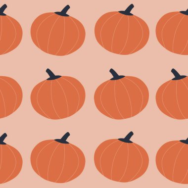 Soyut turuncu balkabakları elle çizilmiş vektör çizimi. Pembe arka planda mevsimlik sebze hasadı. Renkli Cadılar Bayramı baskısı. Sonbahar pürüzsüz desen.