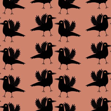 Ürkütücü gözleri olan siyah kuzgunlar el çizimi vektör çizimi. Korkunç cadılar bayramı karakteri. Kuş pürüzsüz desen. 