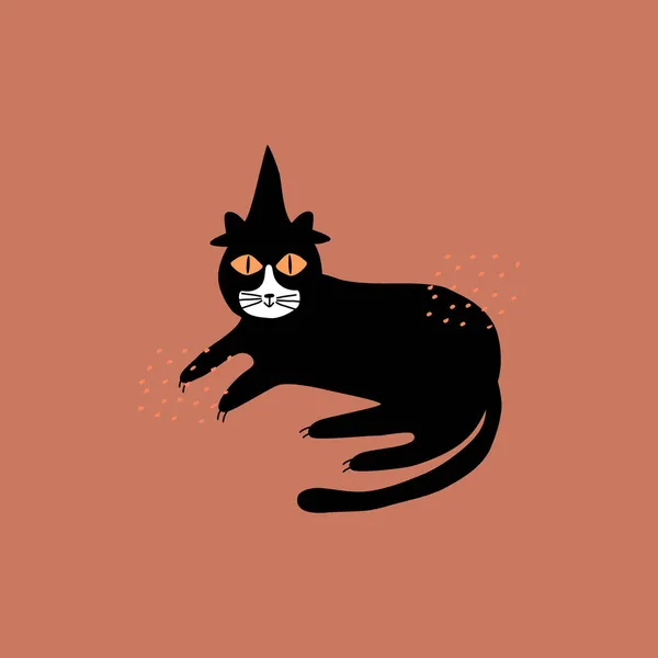 Black Cat Magic Hat Yellow Eyes Hand Drawn Vector Illustration — Stock Vector
