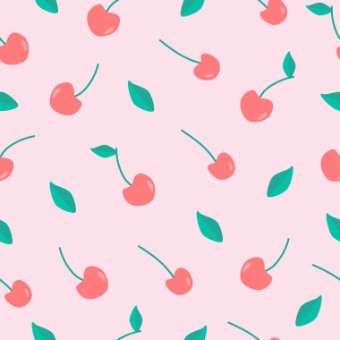 Pembe arka planda yeşil yapraklı tatlı kırmızı kiraz. Çiçeksiz desen.