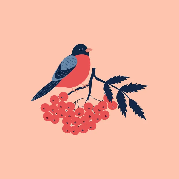 Mignonne Illustration Vectorielle Dessinée Main Pinsons Baies Rowan Adorable Oiseau — Image vectorielle