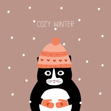 Eldivenli sevimli siyah kedi ve ponpon elle çizilmiş bir şapka. 