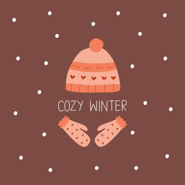 Pomponlu ve eldivenli şirin turuncu şapka, el çizimi vektör çizimi. 