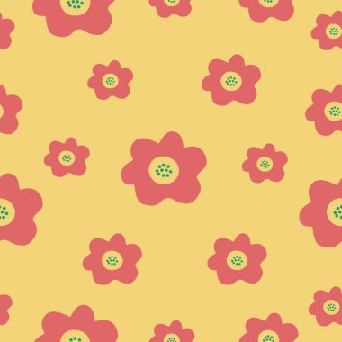 Sarı arka planda pembe çiçekler. Kırmızı gül el çizimi vektör çizimi. Çiçeksiz desen.