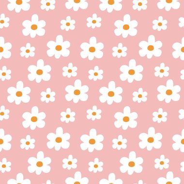 Pembe arka planda beyaz çiçekler. Papatya çayı el çizimi vektör çizimi. Çiçeksiz desen.