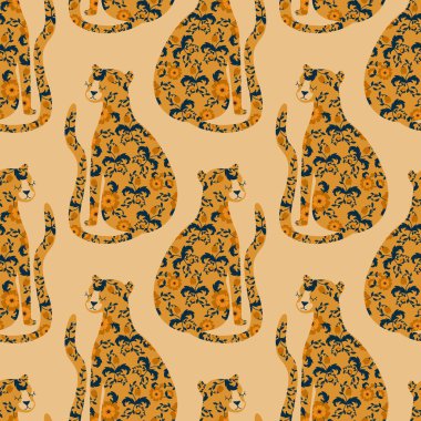 Çiçekli süsü olan sevimli bir leopar. Klasik çiçekler ve vahşi kedi eliyle çizilmiş vektör çizimi. Retro pürüzsüz desen.