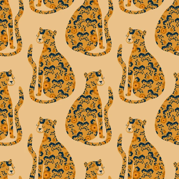 Lindo Leopardo Con Adorno Floral Flores Vintage Gato Salvaje Ilustración — Vector de stock