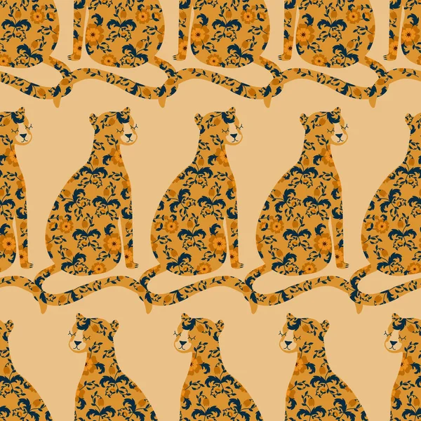Вінтажні Квіти Леопардові Рука Намальовані Векторні Ілюстрації Милі Дикі Кішки — стоковий вектор