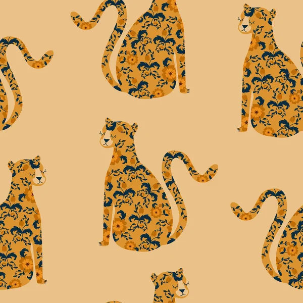 Leopardo Retro Con Adorno Floral Flores Vintage Lindo Gato Ilustración — Vector de stock