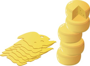 Beyaz arka planda izole edilmiş peynir dilimleri ve peynir kafalar. Tasarım ve baskı için kullanılabilen vektör rozeti veya logosu