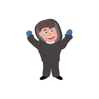 Gri eşofmanlı neşeli bir adam ya da adam gülüyor ve ellerini kaldırıyor. Kumaş üzerine tekstil basımında karakter olarak kullanılabilir.