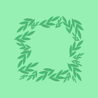 Yeşil dallı, yaprakları yeşil arkaplanda kare şeklinde olan bir kartpostal. 14 Şubat, Sevgililer Günü veya 8 Mart 'ı kutlamak için. Duvar kağıdı, el ilanları, davetiyeler, posterler, broşürler, afişler..