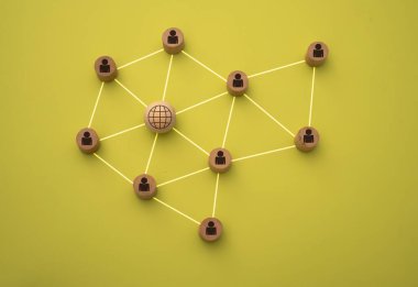 3D illustration of people connection with the network in the form of a mesh represented with wooden pieces on a yellow background