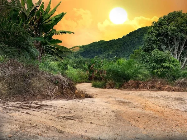 美丽的自然景观。通往日落背景的山丘之路. — 图库照片