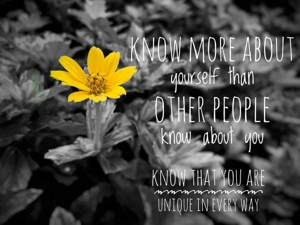 Motywacja i inspirujące cytaty - Dowiedz się o sobie więcej niż inni ludzie wiedzą o tobie. Z żółtym kwiatem i ciemnym tłem. — Zdjęcie stockowe