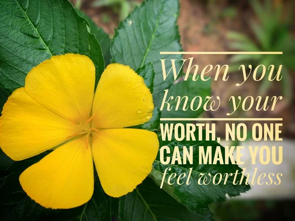 Inspirujący cytat motywacyjny - Kiedy znasz swoją wartość, nikt nie może sprawić, że poczujesz się bezwartościowy. Z pięknym żółtym tle kwiat. — Zdjęcie stockowe