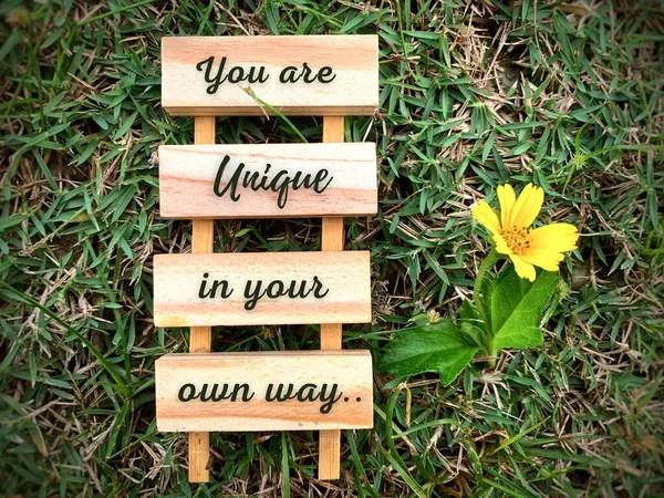 Motivational and inspirational quotes on wooden blocks - You are unique in your own way. With green grass and yellow flower background. Motivational concept. — стоковое фото