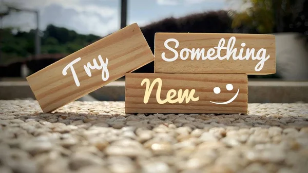 Text on wooden blocks - Try something new with marble and blurred park background. Conceptual. — Stock fotografie
