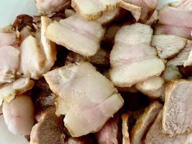 Close up of sliced pork meat for dinning. Dinner and drink concept.
