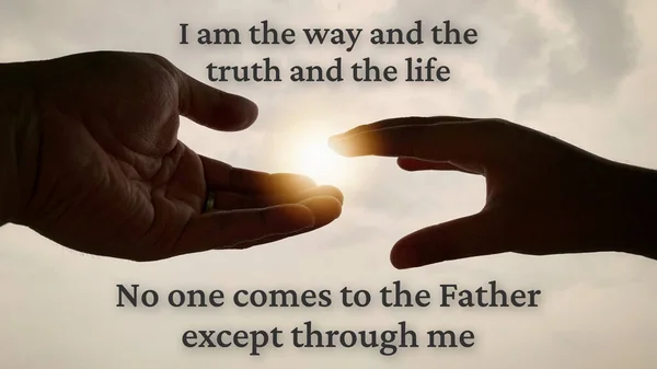 Close up of two hand reaching out shining light with text - I am the way and the truth and the life. No one comes to the Father except through me. Christian concept — Stock Photo, Image