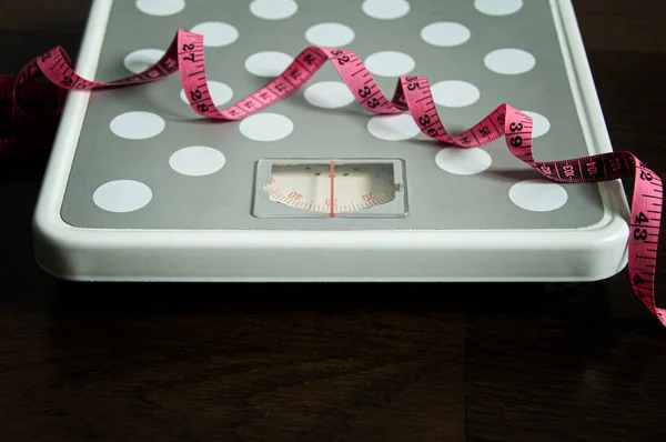 Straight View Weight Scale Measuring Tape Weight Loss Fitness Concept — Stock Photo, Image