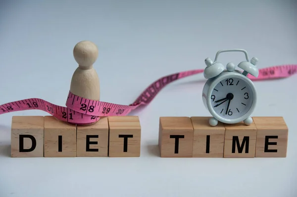 Diet Time Text Wooden Blocks Model Wooden Doll Tied Measuring — Stock Photo, Image