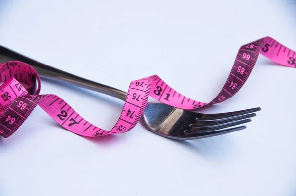 Measuring Tape Fork White Background Weight Loss Fitness Concept — Stock Photo, Image