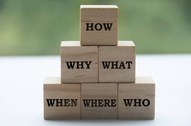 Text on wooden blocks with blurred nature background - How, Why, What, When, Where, Who. Fact finding concept