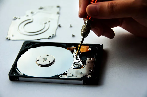 The abstract image of inside of hard disk drive with technician fixing using screw driver on white background. Concept of data, hardware, and information technology. — 스톡 사진