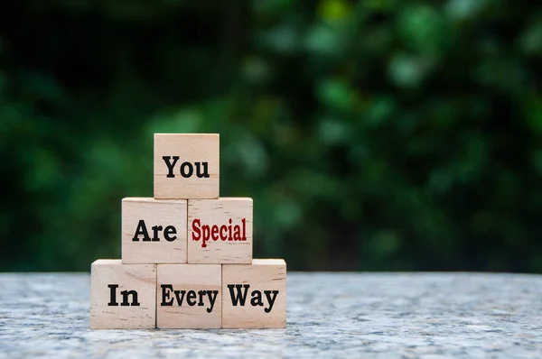 You Special Every Way Text Wooden Blocks Blurred Nature Background — Stockfoto