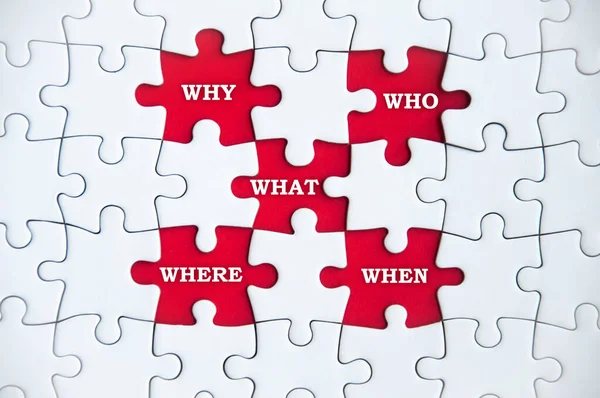 Top view of text on missing jigsaw puzzle - Why, who, what, where and when. 