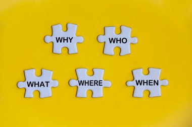 Kayıp yapbozun en üst görüntüsü, neden, kim, ne, nerede ve ne zaman. Gerçekleri bulma kavramı