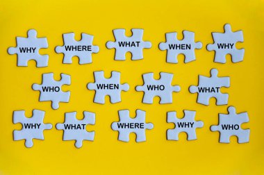 Kayıp yapbozun en üst görüntüsü, neden, kim, ne, nerede ve ne zaman. Gerçekleri bulma kavramı