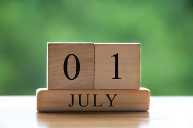 Bulanık arka plan parkı olan tahta bloklar üzerine 1 Temmuz takvim tarih metni. Takvim kavramı