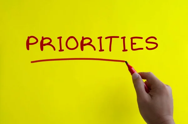 Priorities Text Yellow Cover Hand Background Priorities Concept — Stock Photo, Image