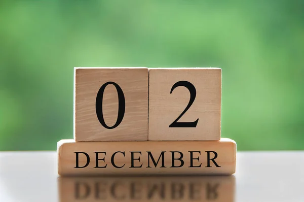 December 2 text on wooden blocks with blurred nature background. Calendar concept