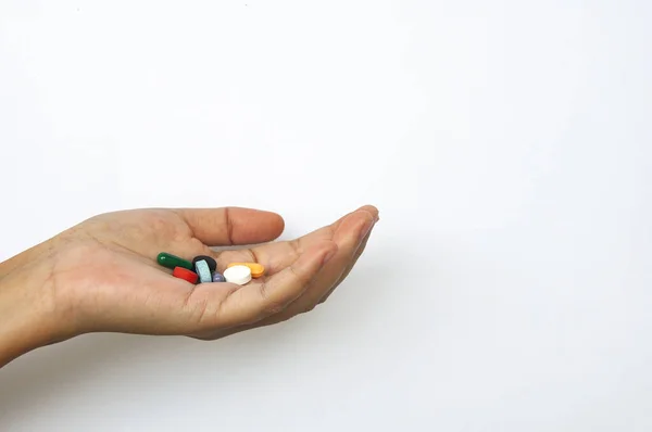 Female Hand Holding Assorted Pills Customizable Space Text Ideas Copy — Fotografia de Stock