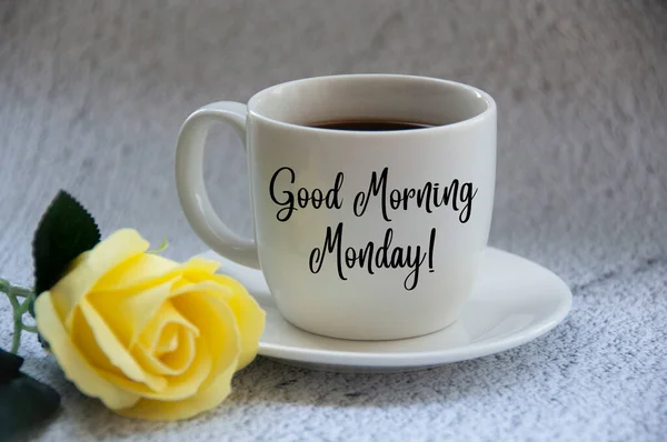 Good Morning Monday Text Coffee Cup Yellow Flower Blurred Marble — Fotografia de Stock