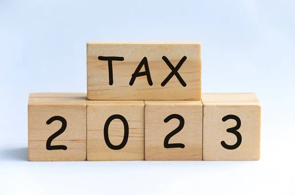 Tax 2023 Wooden Blocks White Background Taxation Concept — Fotografia de Stock