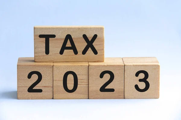 Tax 2023 Text Wooden Blocks White Background 2023 Tax Concept — Fotografia de Stock