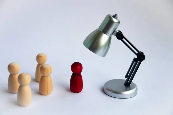Table Lamp Focus Red Wooden Doll White Background Copy Space — Foto de Stock