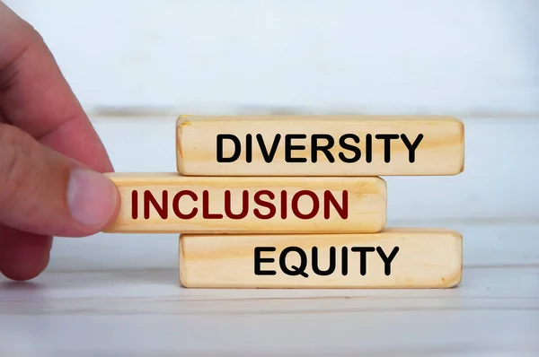 Hand Holding Wooden Blocks Text Diversity Inclusion Equity Business Culture — Fotografia de Stock
