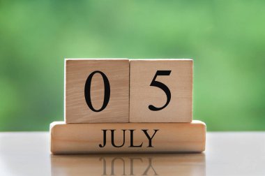 Bulanık arka plan parkı olan tahta bloklar üzerine 5 Temmuz takvim tarih metni. Alan ve takvim kavramını kopyala