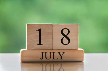 July 18 calendar date text on wooden blocks with blurred background park. Copy space and calendar concept