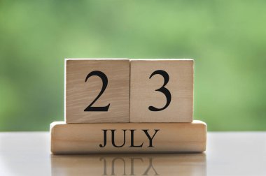 Bulanık arka plan parkı olan ahşap bloklar üzerine 23 Temmuz takvim tarih metni. Alan ve takvim kavramını kopyala