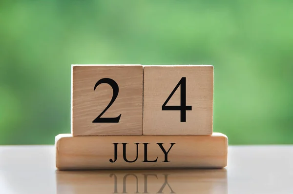 July 24 calendar date text on wooden blocks with blurred background park. Copy space and calendar concept